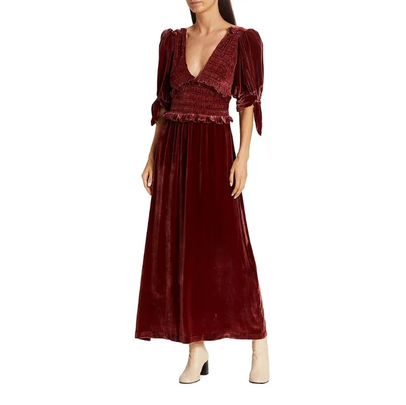 Sea New York Mayde Velvet Puff Sleeve Smocked Bow Midi Maxi Dress - Picture 6 of 11